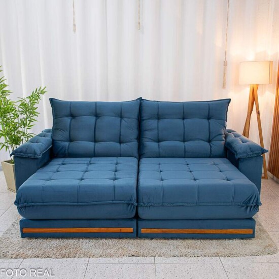 Sof� Retr�til Reclin�vel Barcelona 2,50m Veludo Azul 325 - D33 e Molas Ensacadas
