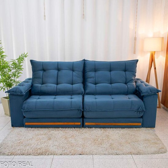 Sof� Retr�til Reclin�vel Barcelona 2,50m Veludo Azul 325 - D33 e Molas Ensacadas