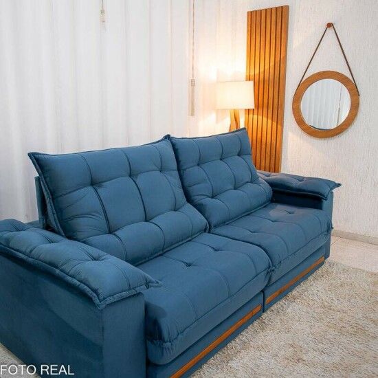 Sof� Retr�til Reclin�vel Barcelona 2,50m Veludo Azul 325 - D33 e Molas Ensacadas