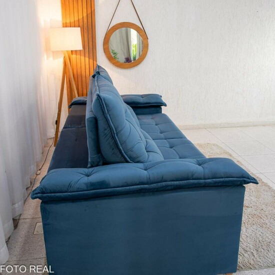 Sof� Retr�til Reclin�vel Barcelona 2,50m Veludo Azul 325 - D33 e Molas Ensacadas