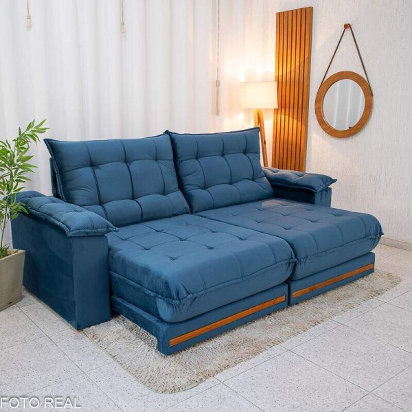 Sof Retrtil Reclinvel Barcelona 2.50m Veludo Azul 325 - D28 e Molas Ensacadas
