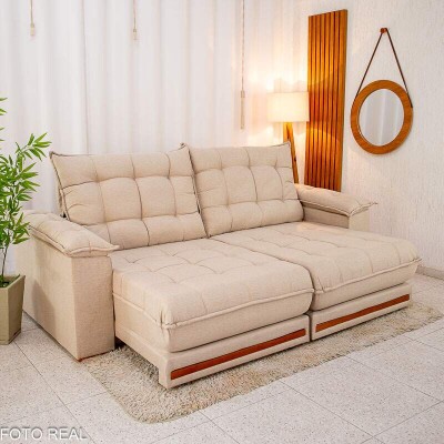 Sof Retrtil Reclinvel Barcelona 2.30m Linho Bege 459 - D28 e Molas Ensacadas Pocket