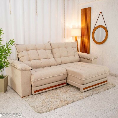 Sof Retrtil Reclinvel Barcelona 2.30m Linho Bege 459 - D28 e Molas Ensacadas Pocket