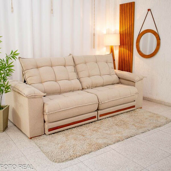 Sof Retrtil Reclinvel Barcelona 2.30m Linho Bege 459 - D28 e Molas Ensacadas Pocket