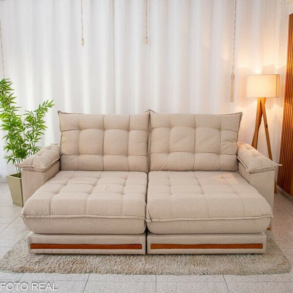 Sof Retrtil Reclinvel Barcelona 2.30m Linho Bege 459 - D28 e Molas Ensacadas Pocket