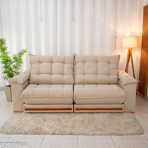 Sof Retrtil Reclinvel Barcelona 2.30m Linho Bege 459 - D28 e Molas Ensacadas Pocket
