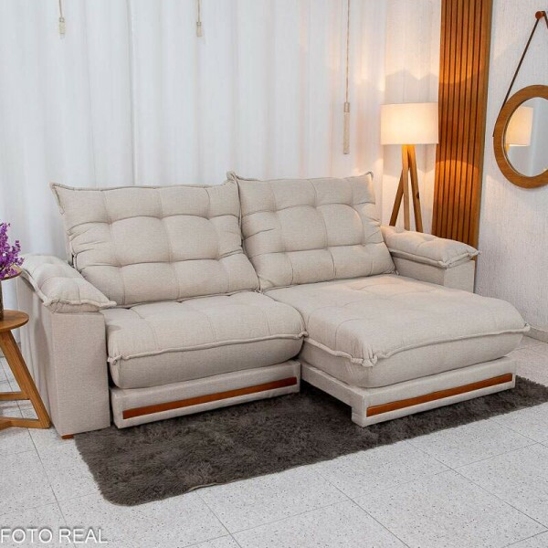 Sof Retrtil Reclinvel Barcelona 2.30m Linho Bege 459 - D33 e Molas Ensacadas Pocket
