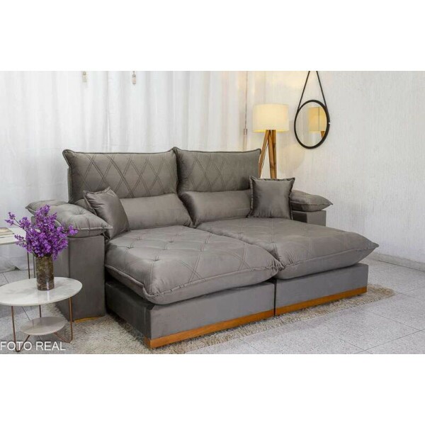 Sof Retrtil Reclinvel Magnum 2.10m Veludo Cinza 813 - Molas ensacadas