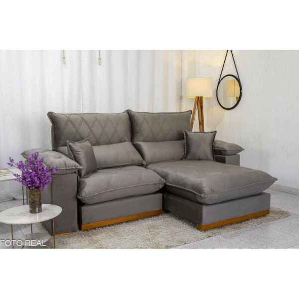 Sof Retrtil Reclinvel Magnum 2.10m Veludo Cinza 813 - Molas ensacadas