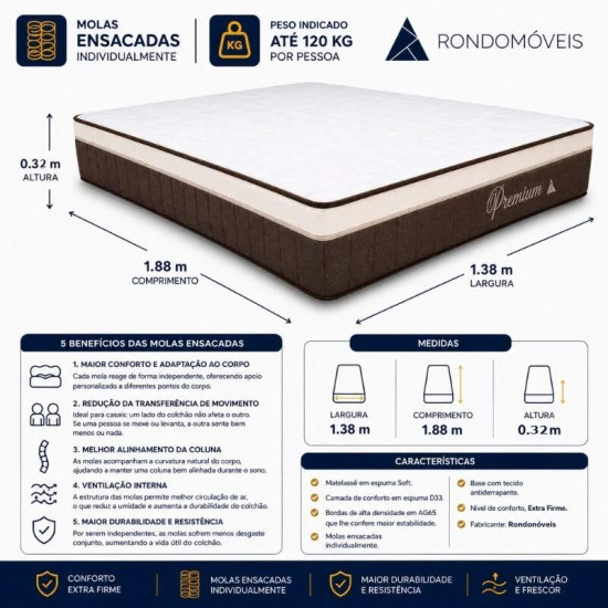 Colch�o Casal Molas Ensacadas Pocket Premium Plus Rondom�veis 138x188x32 cm | Suporta at� 240kg