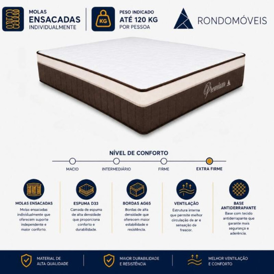 Colch�o Casal Molas Ensacadas Pocket Premium Plus Rondom�veis 138x188x32 cm | Suporta at� 240kg