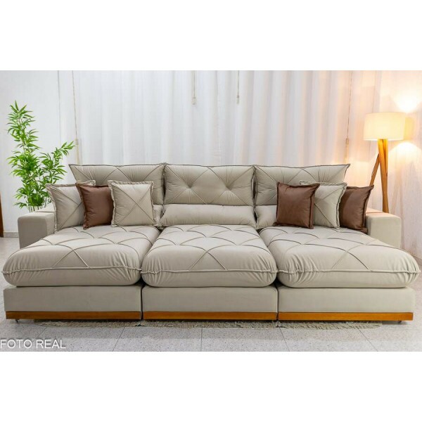 Sof Retrtil Reclinvel Gran Bello 3.20m Veludo Bege Claro - Molas Ensacadas