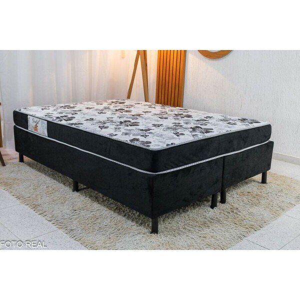 Box Casal Bipartida Sued Preto + Colcho Casal Sant D33 138x188x15 Nosso Sonho