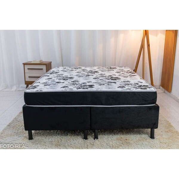 Box Casal Bipartida Sued Preto + Colcho Casal Sant D33 138x188x15 Nosso Sonho
