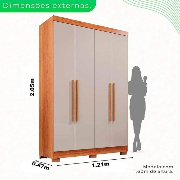 Roupeiro Solteiro Recife Cinamomo/Off 4 Portas 2 Gavetas C/Ps Larg. 1.21m - Sallto