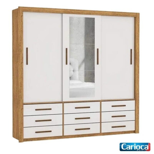 Roupeiro Anjos Cinamomo/Off 3 Portas 9 Gavetas C/ 1 Espelho Larg. 1.91m - Carioca Mveis