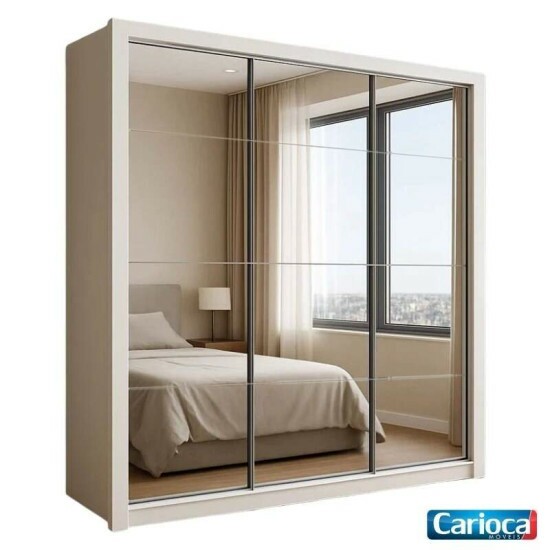 Guarda-roupa Casal Veneza Premium Larg. 1.88m 3 Portas C/ 3 Espelho 4 Gavetas Branco Carioca
