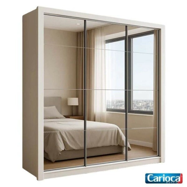 Guarda-Roupa Veneza Premium Larg. 1.88m 3 Portas C/ 3 Espelho 4 Gavetas Branco Carioca