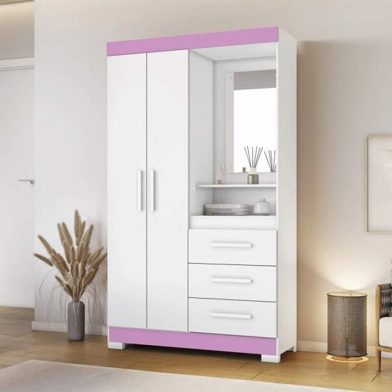 Roupeiro Solteiro NT 6020 Larg. 1.08m Branco/Rosa 2 portas 3 Gavetas Flex C/Ps - Notvel