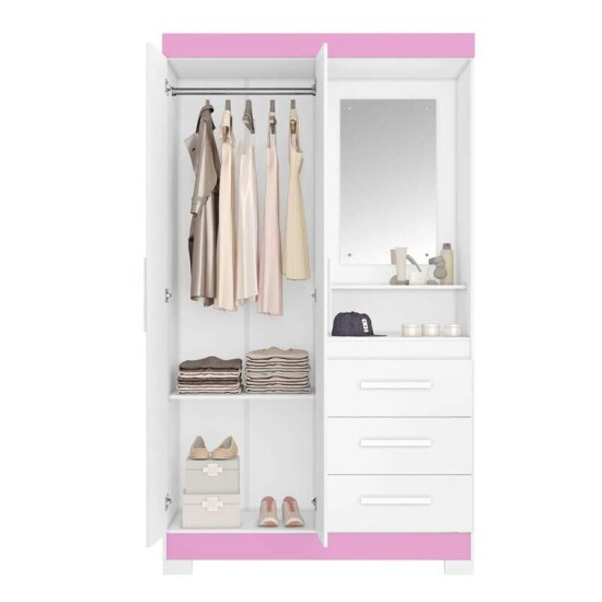 Roupeiro Solteiro NT 6020 Larg. 1.08m Branco/Rosa 2 portas 3 Gavetas Flex C/Ps - Notvel