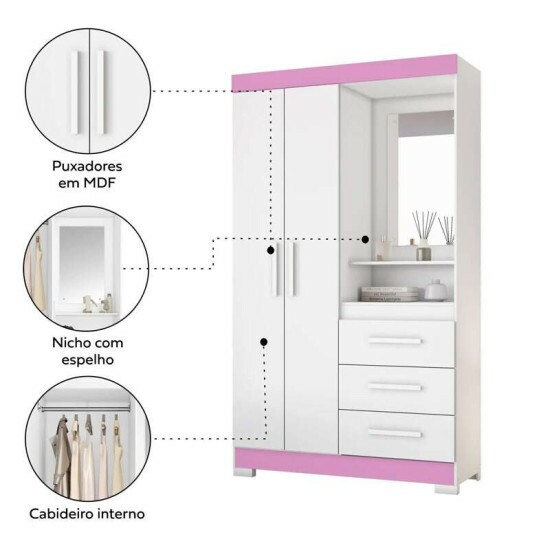 Roupeiro Solteiro NT 6020 Larg. 1.08m Branco/Rosa 2 portas 3 Gavetas Flex C/Ps - Notvel