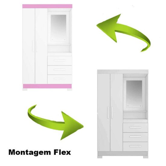 Roupeiro Solteiro NT 6020 Larg. 1.08m Branco/Rosa 2 portas 3 Gavetas Flex C/Ps - Notvel