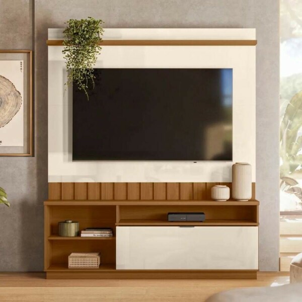 Home Diamantina Larg. 1.50m Amndoa/Off C/Detalhe Ripado para TV at 60\\\" - Mobler