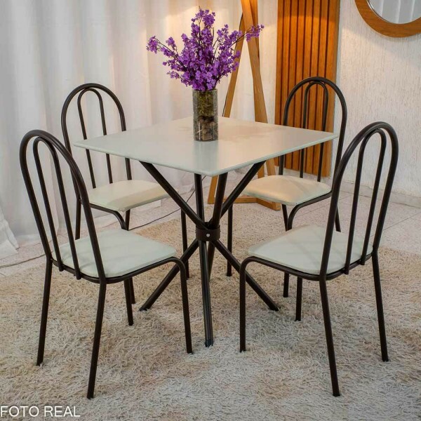 Mesa de Cozinha Base Ipanema Marrom Tampo Pedra OFF 75x75 4 Cadeiras Ubatuba Assento Creme - Teixeira