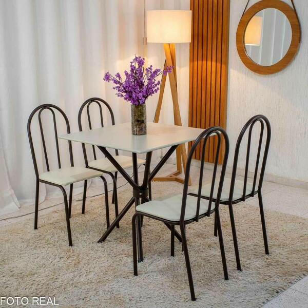 Mesa de Cozinha Base Ipanema Marrom Tampo Pedra OFF 75x75 4 Cadeiras Ubatuba Assento Creme - Teixeira