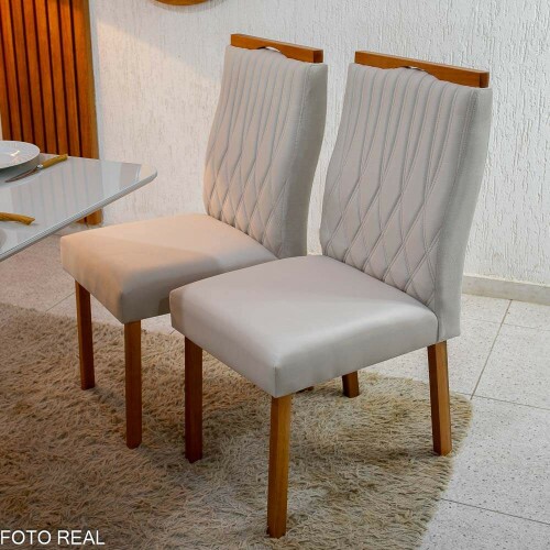Mesa Pedro 12080 Vidro Off/Base Madeira + 4 Cad. Genova Veludo Bege 512 Madeira Art Assento - Entregue Montada