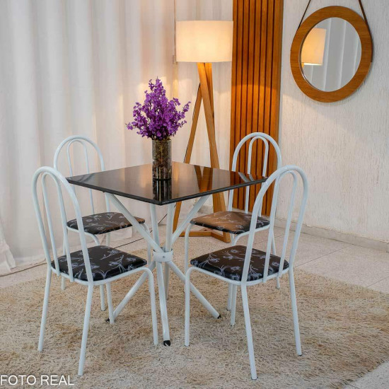 Mesa de Cozinha Base Ipanema Branco Tampo Preto Pedra 75x75 4 Cadeiras Ubatuba Assento Preto - Teixeira