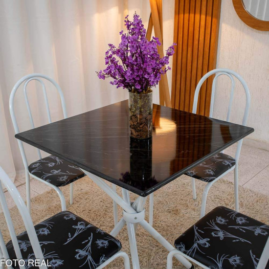 Mesa de Cozinha Base Ipanema Branco Tampo Preto Pedra 75x75 4 Cadeiras Ubatuba Assento Preto - Teixeira