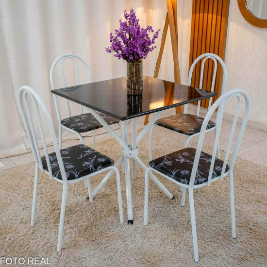 Mesa de Cozinha Base Ipanema Branco Tampo Preto Pedra 75x75 4 Cadeiras Ubatuba Assento Preto - Teixeira