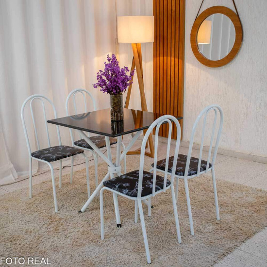 Mesa de Cozinha Base Ipanema Branco Tampo Preto Pedra 75x75 4 Cadeiras Ubatuba Assento Preto - Teixeira