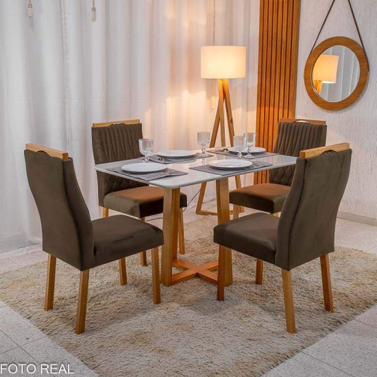 Mesa de Jantar Pedro 120x80 Vidro Off Base Madeira + 4 Cadeiras G�nova Veludo Marrom 509 Art Assento - Entregue Montada