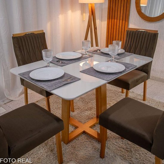 Mesa de Jantar Pedro 120x80 Vidro Off Base Madeira + 4 Cadeiras G�nova Veludo Marrom 509 Art Assento - Entregue Montada