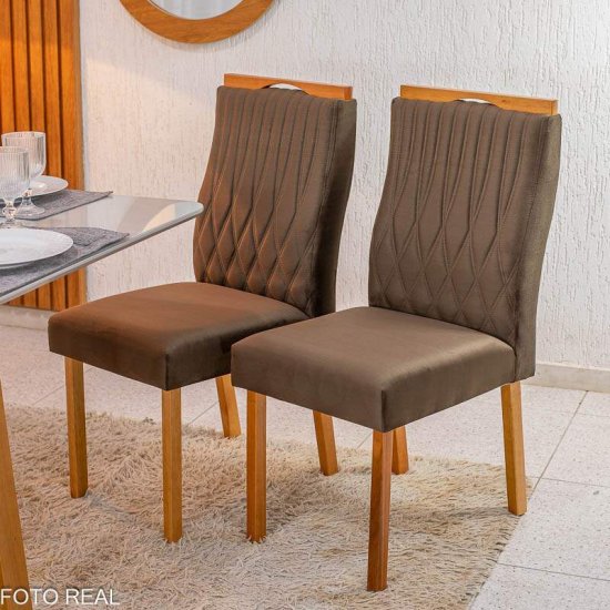 Mesa de Jantar Pedro 120x80 Vidro Off Base Madeira + 4 Cadeiras G�nova Veludo Marrom 509 Art Assento - Entregue Montada