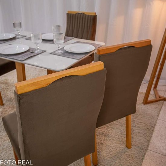 Mesa de Jantar Pedro 120x80 Vidro Off Base Madeira + 4 Cadeiras G�nova Veludo Marrom 509 Art Assento - Entregue Montada