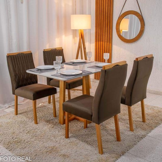 Mesa de Jantar Pedro 120x80 Vidro Off Base Madeira + 4 Cadeiras G�nova Veludo Marrom 509 Art Assento - Entregue Montada