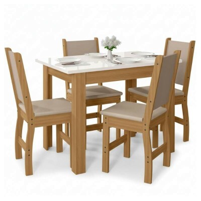 Mesa de Jantar Bellagio 108x68 Freij UV/Tampo Off White + 4 Cad. Clara Freij UV/Savana - Poliman