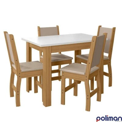 Mesa de Jantar Bellagio 108x68 Freij UV/Tampo Off White + 4 Cad. Clara Freij UV/Savana - Poliman