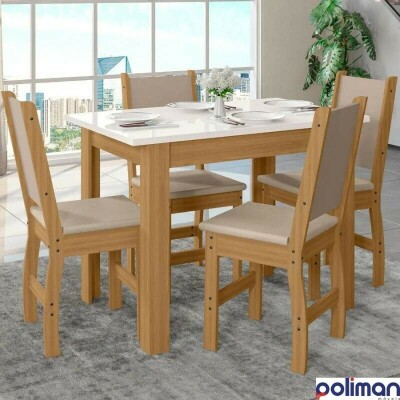 Mesa de Jantar Bellagio 108x68 Freij UV/Tampo Off White + 4 Cad. Clara Freij UV/Savana - Poliman