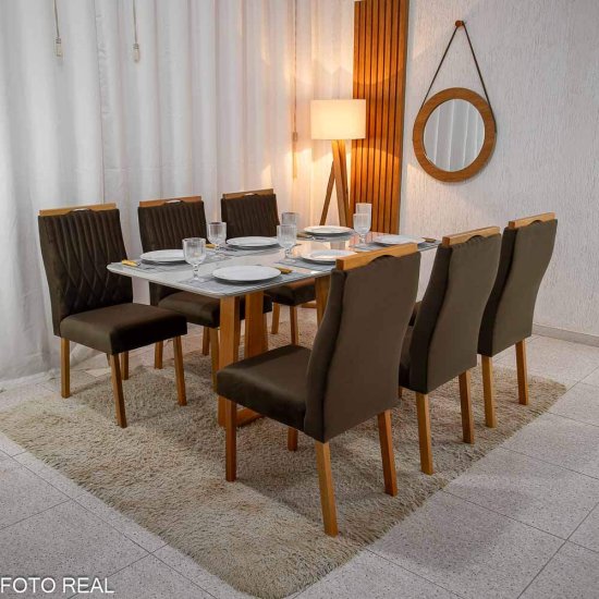 Mesa de Jantar Pedro 160x80 Mel Vidro Off + 6 Cadeiras G�nova Veludo Marrom 509 Art Assento - Entregue Montada