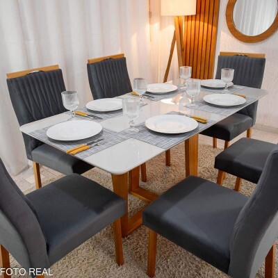 Mesa Pedro Mel Vidro OFF 16080 6 Cadeiras Genova Veludo Cinza 507 Madeira Macia Art Assento - Entregue Montada