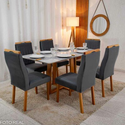 Mesa Pedro Mel Vidro OFF 16080 6 Cadeiras Genova Veludo Cinza 507 Madeira Macia Art Assento - Entregue Montada