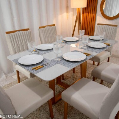 Mesa de Jantar Pedro 16080 Vidro Off/Base Madeira + 6 Cad. Genova Veludo Bege 512 Madeira Art Assento - Entregue Montada