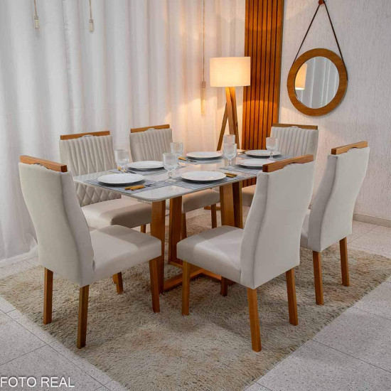 Mesa de Jantar Pedro 160x80 Vidro Off Base Madeira + 6 Cadeiras G�nova Veludo Bege 512 Art Assento - Entregue Montada