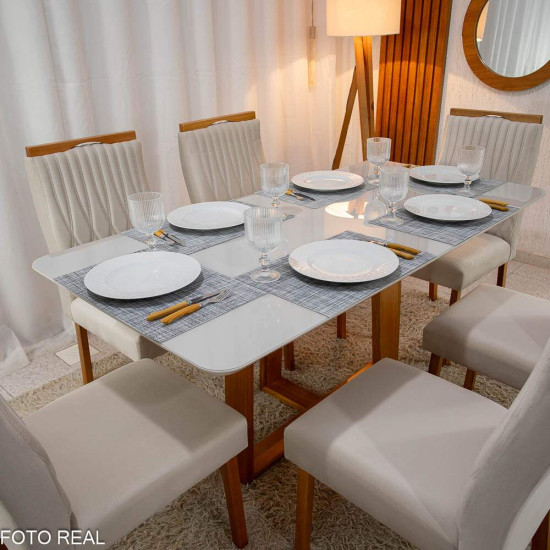 Mesa de Jantar Pedro 160x80 Vidro Off Base Madeira + 6 Cadeiras G�nova Veludo Bege 512 Art Assento - Entregue Montada