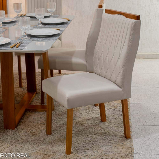 Mesa de Jantar Pedro 160x80 Vidro Off Base Madeira + 6 Cadeiras G�nova Veludo Bege 512 Art Assento - Entregue Montada
