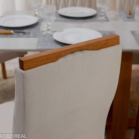 Mesa de Jantar Pedro 160x80 Vidro Off Base Madeira + 6 Cadeiras G�nova Veludo Bege 512 Art Assento - Entregue Montada